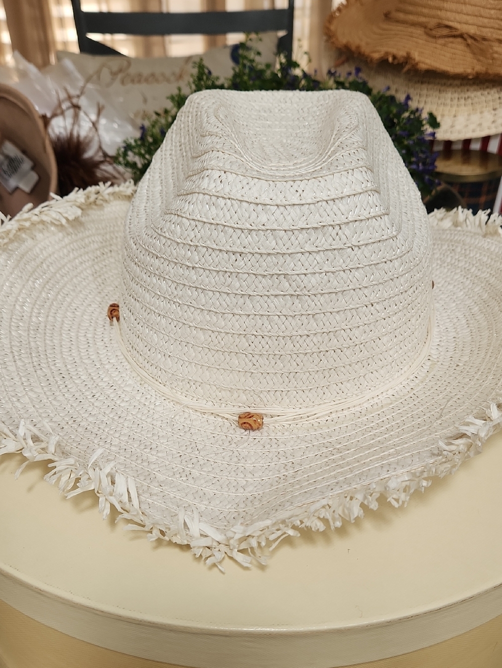 Source Unknown White Straw Sun Hat with Raffia Trim